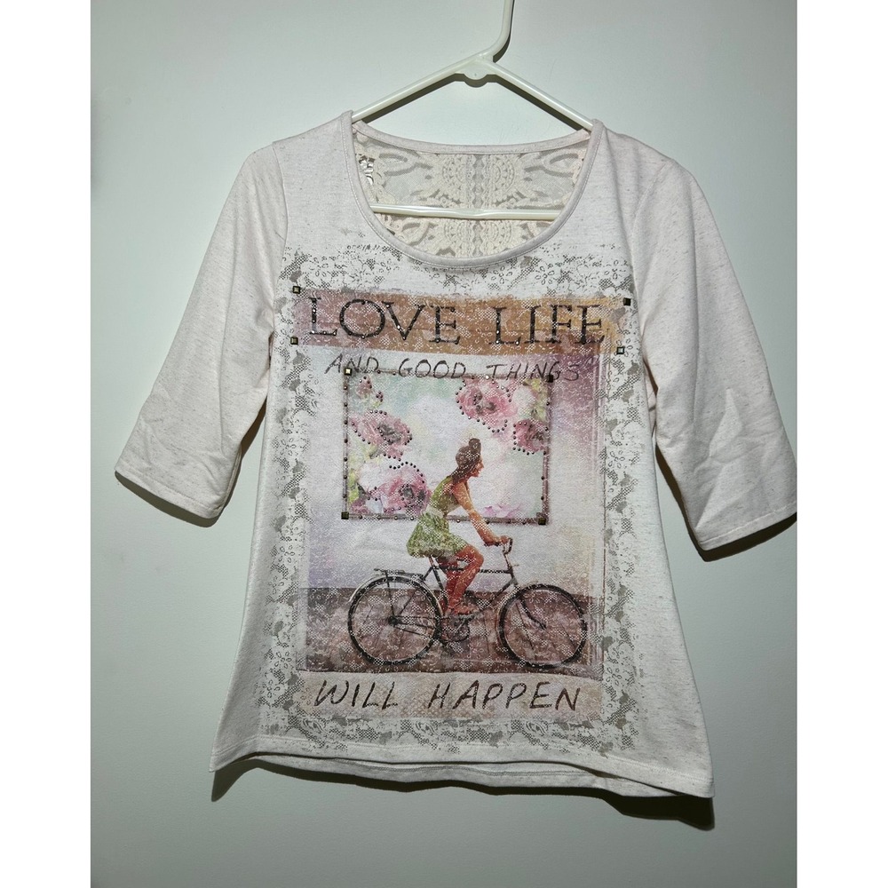 Love Life and Good Things Will Happen Top Blouse Lace Women's M